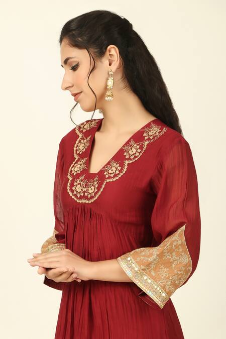 Shop Tashee Maroon Chanderi, Cotton Embroidery Collared Straight Kurta With Pant Online at Aza Fashions Shop_Tashee_Maroon Chanderi, Cotton Embroidery Collared Straight Kurta With Pant _Online_at_Aza_Fashions