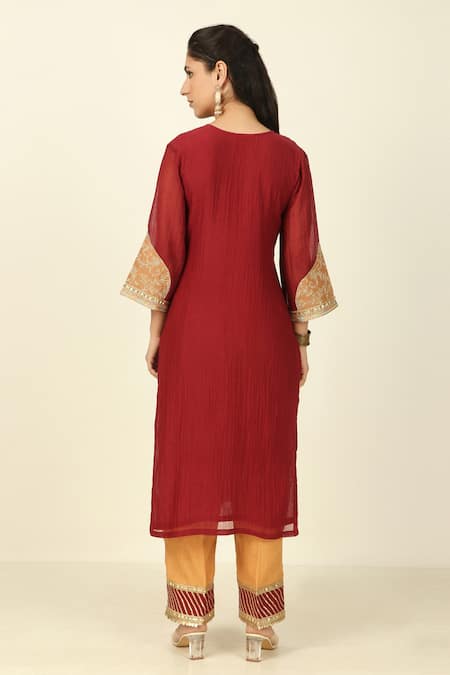 Shop Tashee Maroon Chanderi, Cotton Applique, Embroidery Collared Neck Kurta Pant Set at Aza Fashions Shop_Tashee_Maroon Chanderi, Cotton Applique, Embroidery Collared Neck Kurta Pant Set _at_Aza_Fashions