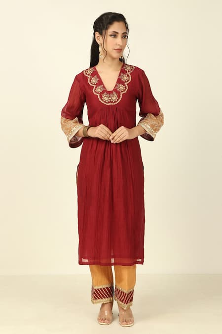Buy Tashee Maroon Chanderi, Cotton Applique, Embroidery Collared Neck Kurta Pant Set Online at Aza Fashions Buy_Tashee_Maroon Chanderi, Cotton Applique, Embroidery Collared Neck Kurta Pant Set _Online_at_Aza_Fashions