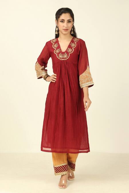 Shop Tashee Maroon Chanderi, Cotton Applique, Embroidery Collared Neck Kurta Pant Set Online at Aza Fashions Shop_Tashee_Maroon Chanderi, Cotton Applique, Embroidery Collared Neck Kurta Pant Set _Online_at_Aza_Fashions