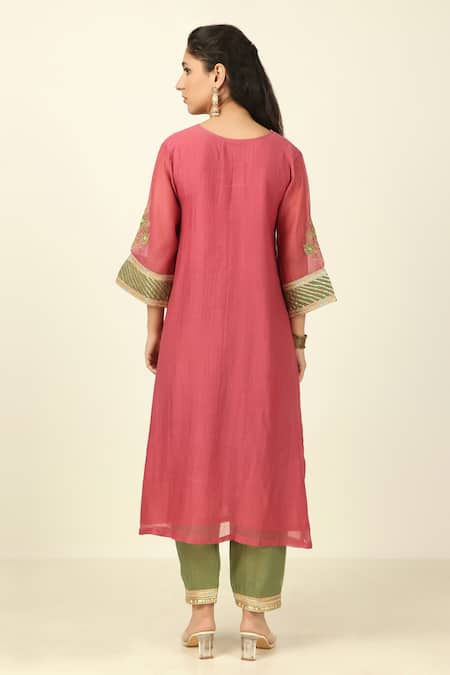 Shop_Tashee_Pink Chanderi, Cotton Embroidery, Gota Patti V-neck Straight Fit Kurta With Pant _at_Aza_Fashions