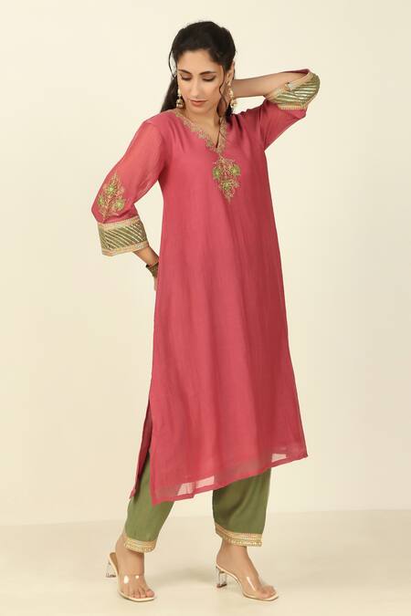 Tashee_Pink Chanderi, Cotton Embroidery, Gota Patti V-neck Straight Fit Kurta With Pant _at_Aza_Fashions