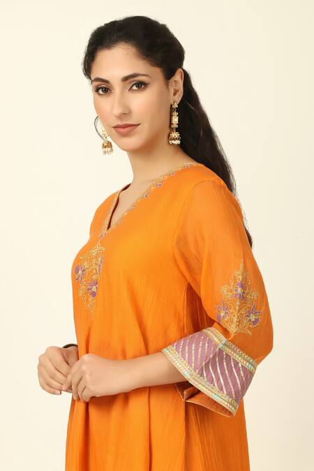 Shop_Tashee_Orange Chanderi, Cotton Embroidery, Gota Patti, Straight Fit Kurta With Pant _Online_at_Aza_Fashions