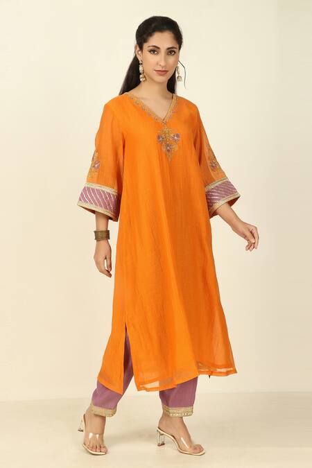 Tashee_Orange Chanderi, Cotton Embroidery, Gota Patti, Straight Fit Kurta With Pant _at_Aza_Fashions