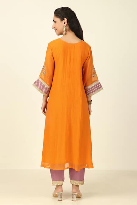 Shop_Tashee_Orange Chanderi, Cotton Embroidery, Gota Patti, Straight Fit Kurta Pant Set _at_Aza_Fashions