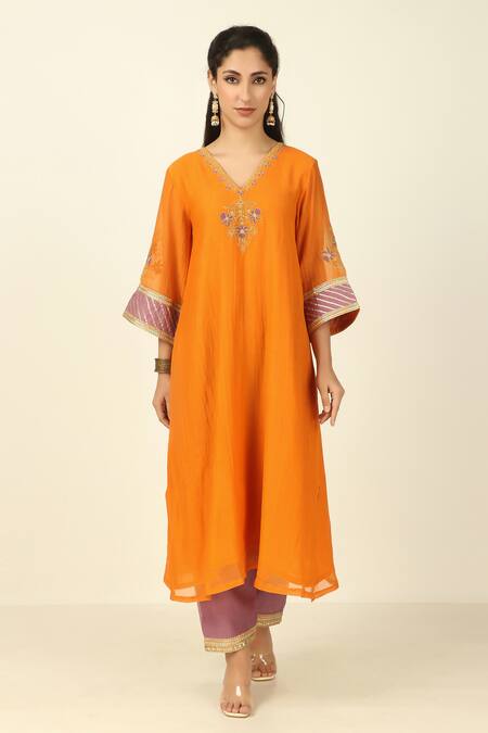Buy_Tashee_Orange Chanderi, Cotton Embroidery, Gota Patti, Straight Fit Kurta Pant Set _Online_at_Aza_Fashions