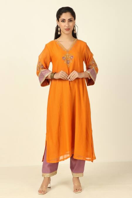 Shop_Tashee_Orange Chanderi, Cotton Embroidery, Gota Patti, Straight Fit Kurta Pant Set _Online_at_Aza_Fashions