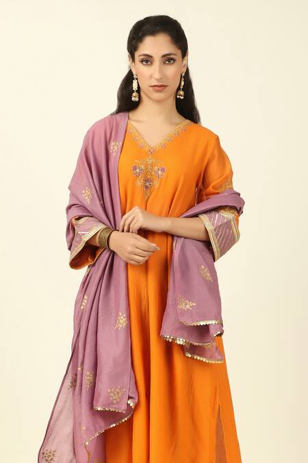 Shop_Tashee_Orange Chanderi, Cotton Embroidery, Gota Patti, Straight Fit Kurta Pant Set 