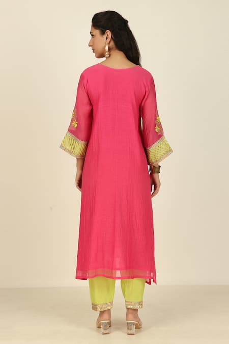 Shop Tashee Pink Chanderi, Cotton Embroidery, Lace V-neck Floral Yoke Kurta With Pant at Aza Fashions Shop_Tashee_Pink Chanderi, Cotton Embroidery, Lace V-neck Floral Yoke Kurta With Pant _at_Aza_Fashions