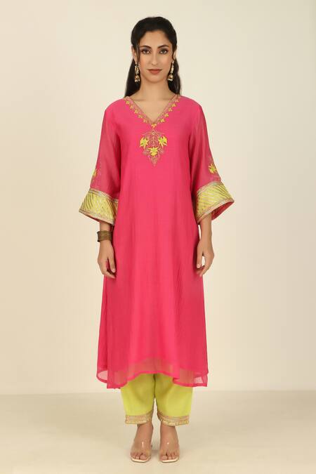 Buy Tashee Pink Chanderi, Cotton Embroidery, Lace V-neck Floral Yoke Kurta With Pant Online at Aza Fashions Buy_Tashee_Pink Chanderi, Cotton Embroidery, Lace V-neck Floral Yoke Kurta With Pant _Online_at_Aza_Fashions
