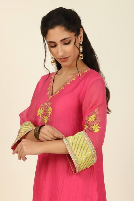 Shop Tashee Pink Chanderi, Cotton Embroidery, Lace V-neck Floral Yoke Kurta With Pant Online at Aza Fashions Shop_Tashee_Pink Chanderi, Cotton Embroidery, Lace V-neck Floral Yoke Kurta With Pant _Online_at_Aza_Fashions