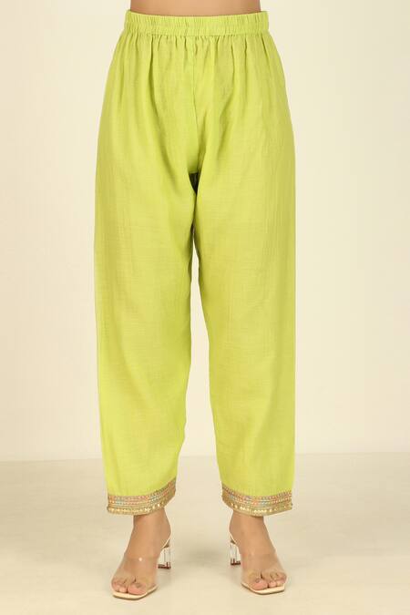 Tashee Pink Chanderi, Cotton Embroidery, Gota Patti V-neck Floral Yoke Kurta Pant Set Online at Aza Fashions Tashee_Pink Chanderi, Cotton Embroidery, Gota Patti V-neck Floral Yoke Kurta Pant Set _Online_at_Aza_Fashions