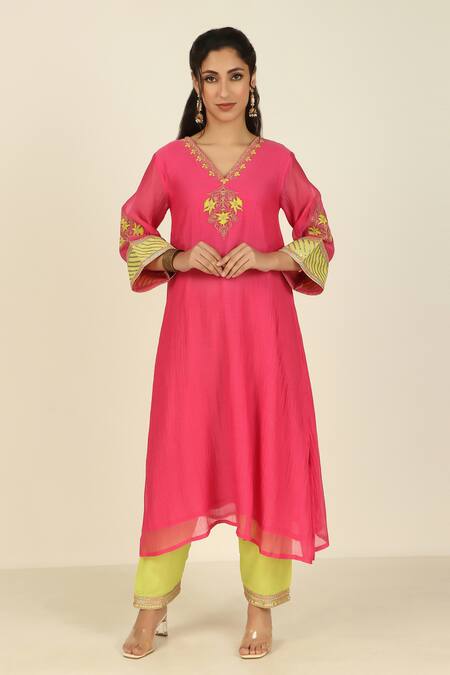 Shop Tashee Pink Chanderi, Cotton Embroidery, Gota Patti V-neck Floral Yoke Kurta Pant Set Online at Aza Fashions Shop_Tashee_Pink Chanderi, Cotton Embroidery, Gota Patti V-neck Floral Yoke Kurta Pant Set _Online_at_Aza_Fashions