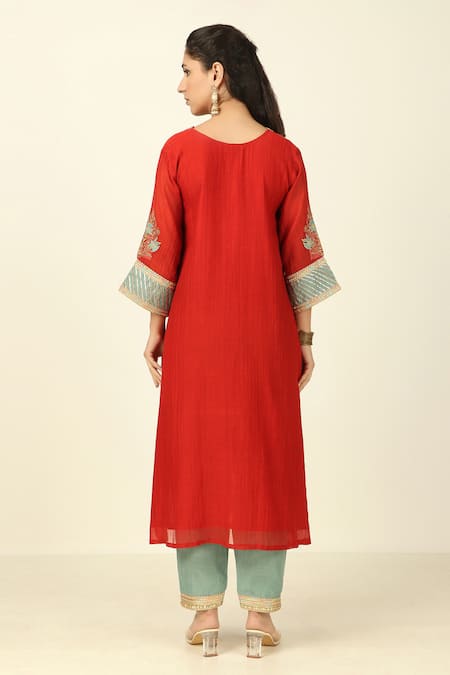 Shop Tashee Red Chanderi, Cotton Embroidery, Gota Patti, Lace Flower Yoke Kurta With Pant at Aza Fashions Shop_Tashee_Red Chanderi, Cotton Embroidery, Gota Patti, Lace Flower Yoke Kurta With Pant _at_Aza_Fashions