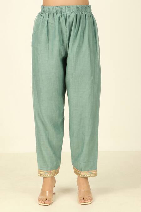 Tashee Red Chanderi, Cotton Embroidery, Gota Patti, Lace Flower Yoke Kurta With Pant Online at Aza Fashions Tashee_Red Chanderi, Cotton Embroidery, Gota Patti, Lace Flower Yoke Kurta With Pant _Online_at_Aza_Fashions