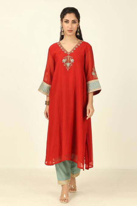 Buy Tashee Red Chanderi, Cotton Embroidery, Gota Patti, Lace Flower Yoke Kurta With Pant Online at Aza Fashions Buy_Tashee_Red Chanderi, Cotton Embroidery, Gota Patti, Lace Flower Yoke Kurta With Pant _Online_at_Aza_Fashions