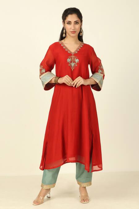 Shop Tashee Red Chanderi, Cotton Embroidery, Gota Patti, Lace Flower Yoke Kurta Pant Set Online at Aza Fashions Shop_Tashee_Red Chanderi, Cotton Embroidery, Gota Patti, Lace Flower Yoke Kurta Pant Set _Online_at_Aza_Fashions