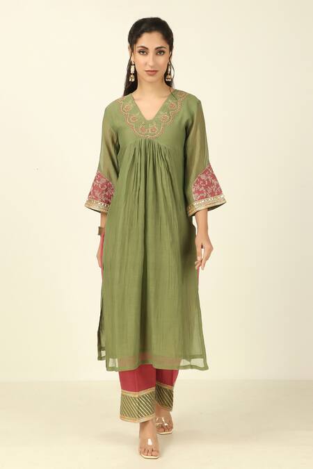 Buy Tashee Green Chanderi, Cotton Embroidery, Lace Round Neck Floral Kurta Set Online at Aza Fashions Buy_Tashee_Green Chanderi, Cotton Embroidery, Lace Round Neck Floral Kurta Set _Online_at_Aza_Fashions