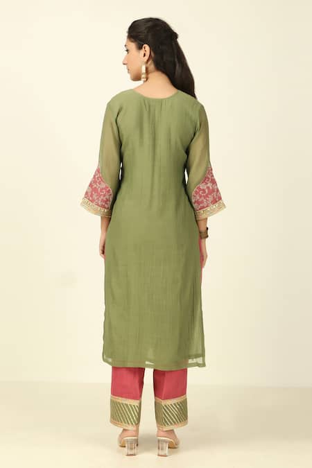 Shop_Tashee_Green Chanderi, Cotton Embroidery, Lace Collared Pleated Front Kurta Pant Set _at_Aza_Fashions
