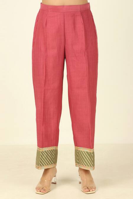 Tashee_Green Chanderi, Cotton Embroidery, Lace Collared Pleated Front Kurta Pant Set _Online_at_Aza_Fashions