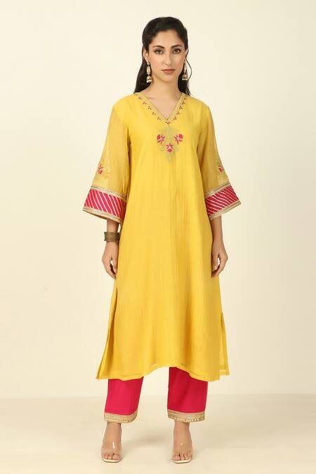 Buy Tashee Yellow Chanderi, Cotton Embroidery V-neck Flower Vine Yoke Kurta With Pant Online at Aza Fashions Buy_Tashee_Yellow Chanderi, Cotton Embroidery V-neck Flower Vine Yoke Kurta With Pant _Online_at_Aza_Fashions