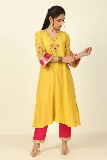 Shop Tashee Yellow Chanderi, Cotton Embroidery, Foil Flower Vine Yoke Kurta Pant Set Online at Aza Fashions Shop_Tashee_Yellow Chanderi, Cotton Embroidery, Foil Flower Vine Yoke Kurta Pant Set _Online_at_Aza_Fashions