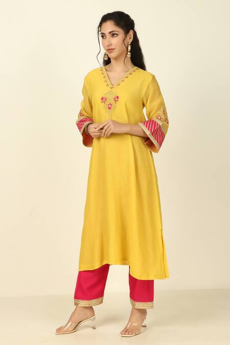 Tashee Yellow Chanderi, Cotton Embroidery, Foil Flower Vine Yoke Kurta Pant Set at Aza Fashions Tashee_Yellow Chanderi, Cotton Embroidery, Foil Flower Vine Yoke Kurta Pant Set _at_Aza_Fashions
