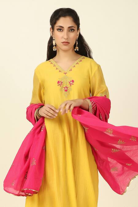 Shop Tashee Yellow Chanderi, Cotton Embroidery, Foil Flower Vine Yoke Kurta Pant Set Shop_Tashee_Yellow Chanderi, Cotton Embroidery, Foil Flower Vine Yoke Kurta Pant Set