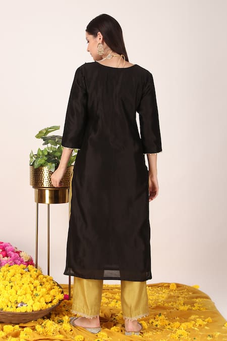 Shop_Tashee_Black Chanderi, Organza Embroidery, Lace Zari Blossom Yoke Kurta Pant Set _at_Aza_Fashions