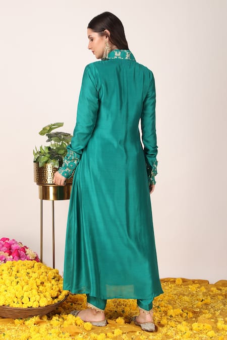 Shop_Tashee_Green Organza, Chanderi Zari, Sequins, Weaved Bloom Neckline Anarkali Set _at_Aza_Fashions