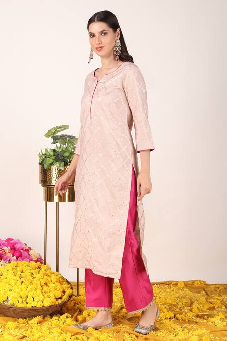 Shop_Tashee_Pink Organza, Chanderi, Silk Embroidery, Zari Fleur Jaal Pattern Kurta Pant Set _Online_at_Aza_Fashions