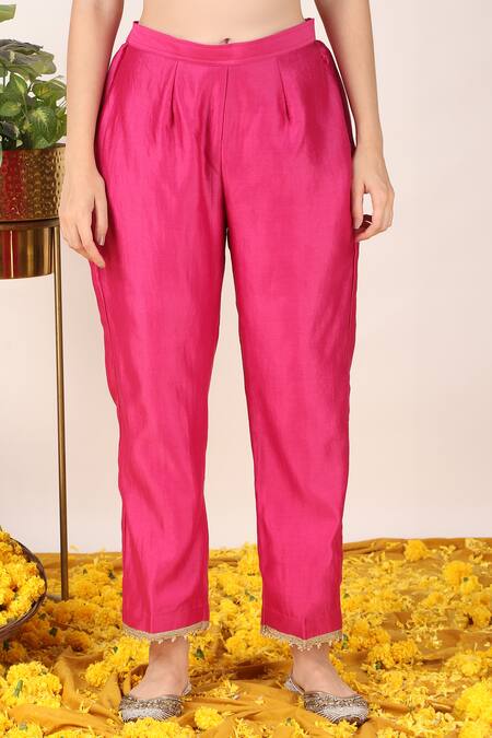 Tashee_Pink Chanderi, Organza Embroidery, Pearls, Zari Vine Jaal Pattern Kurta Pant Set _Online_at_Aza_Fashions