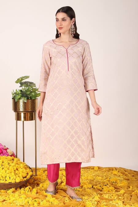 Buy_Tashee_Pink Chanderi, Organza Embroidery, Pearls, Zari Vine Jaal Pattern Kurta Pant Set _Online_at_Aza_Fashions