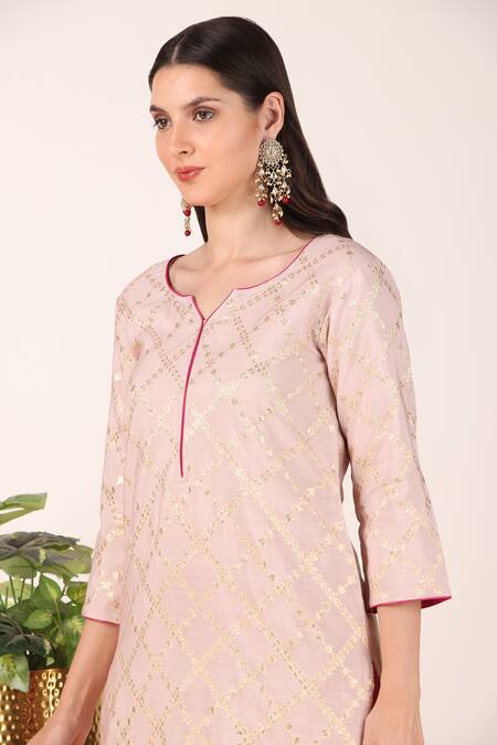 Tashee_Pink Chanderi, Organza Embroidery, Pearls, Zari Vine Jaal Pattern Kurta Pant Set _at_Aza_Fashions