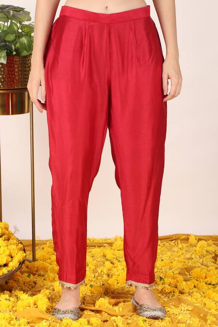 Tashee_Red Organza, Chanderi Zari, Lace Weaved Florin Neckline Anarkali With Pant _Online_at_Aza_Fashions