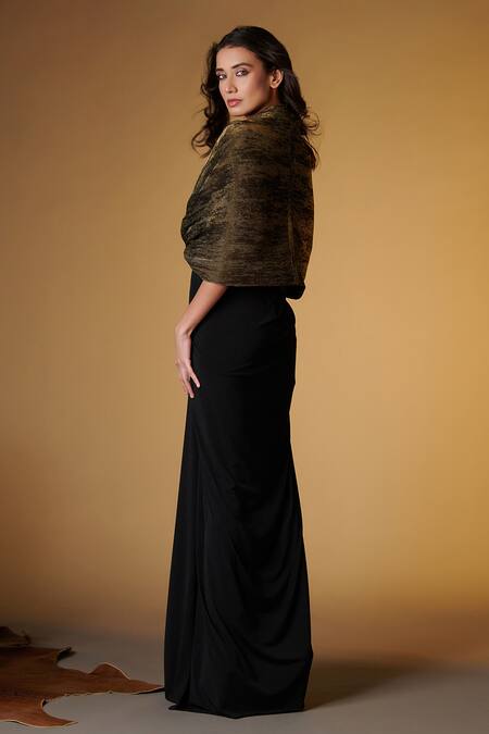 Shop_S & N By Shantnu Nikhil_Black Faux Leather, Polyester V-neck Pleated Cape Style Draped Gown _at_Aza_Fashions