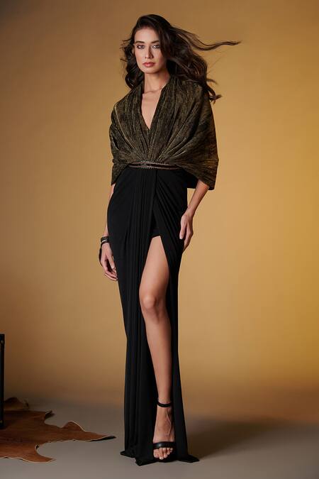 S & N By Shantnu Nikhil_Black Faux Leather, Polyester V-neck Pleated Cape Style Draped Gown _at_Aza_Fashions
