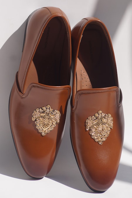 Shradha Hedau Footwear Couture Brown Cutdana Leather Embroidered Moccasins 