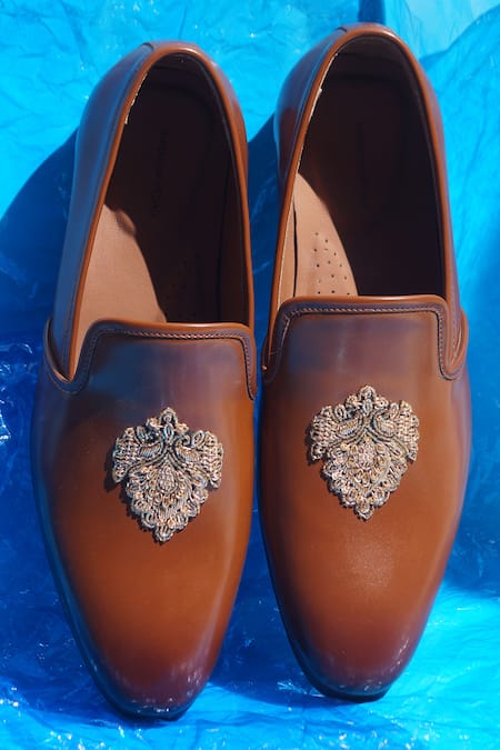 Shop_Shradha Hedau Footwear Couture_Brown Cutdana Tan Leather Moccasins _at_Aza_Fashions