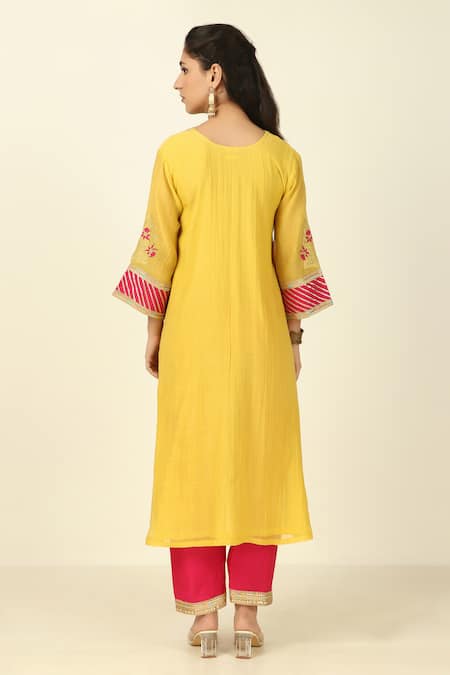 Shop Tashee Yellow Chanderi, Cotton Embroidery, Foil Flower Vine Yoke Kurta Pant Set at Aza Fashions Shop_Tashee_Yellow Chanderi, Cotton Embroidery, Foil Flower Vine Yoke Kurta Pant Set _at_Aza_Fashions