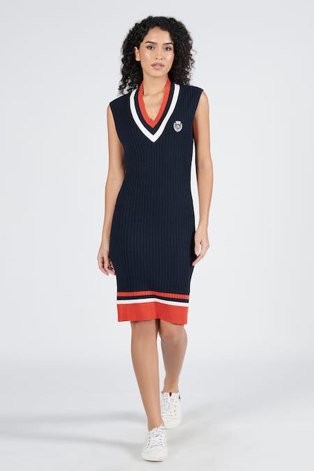 S&N By Shantnu Nikhil_Blue Viscose, Nylon V-neck Knitted Striped Dress_at_Aza_Fashions