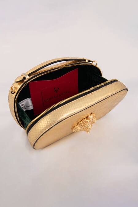 Saurav Ghosh_Gold Brooches Ashoka Textured Pattern Clutch_Online_at_Aza_Fashions