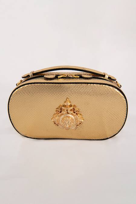 Buy_Saurav Ghosh_Gold Brooches Ashoka Textured Pattern Clutch_Online_at_Aza_Fashions