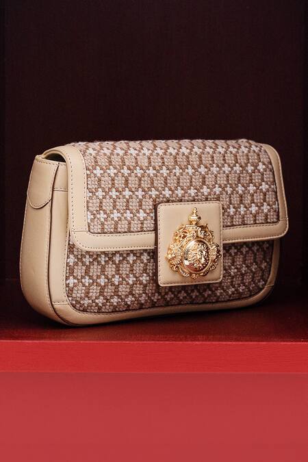 Saurav Ghosh_Beige Embroidery, Brooches Carry All Saddle Thread Work Clutch_Online_at_Aza_Fashions
