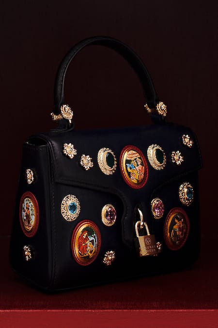 Saurav Ghosh_Blue Embroidery, Crystals Miniature Hand Painted Clutch_Online_at_Aza_Fashions