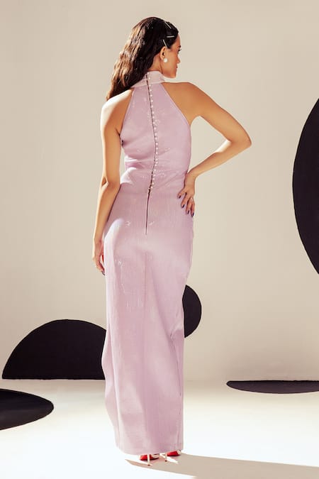 Shop Sameer Madan Purple Jersey, Crepe, Satin Pearls Halter Neck Natalie Textured Bodycon Dress at Aza Fashions Shop_Sameer Madan_Purple Jersey, Crepe, Satin Pearls Halter Neck Natalie Textured Bodycon Dress _at_Aza_Fashions