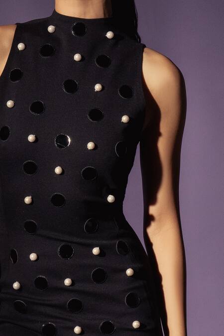 Sameer Madan Black Jersey, Leather Pearls, Applique Racerback Maisie Embroidered Dress Online at Aza Fashions Sameer Madan_Black Jersey, Leather Pearls, Applique Racerback Maisie Embroidered Dress _Online_at_Aza_Fashions