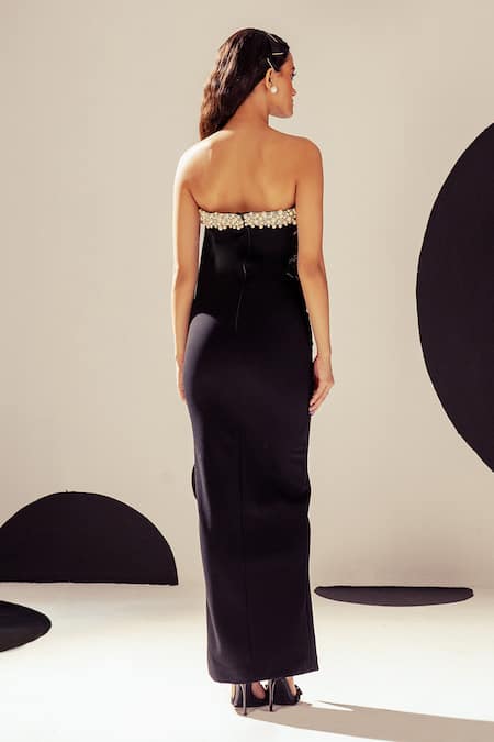 Shop Sameer Madan Black Jersey, Leather Pearls Asymmetric Leila Embroidered Yoke Dress at Aza Fashions Shop_Sameer Madan_Black Jersey, Leather Pearls Asymmetric Leila Embroidered Yoke Dress _at_Aza_Fashions