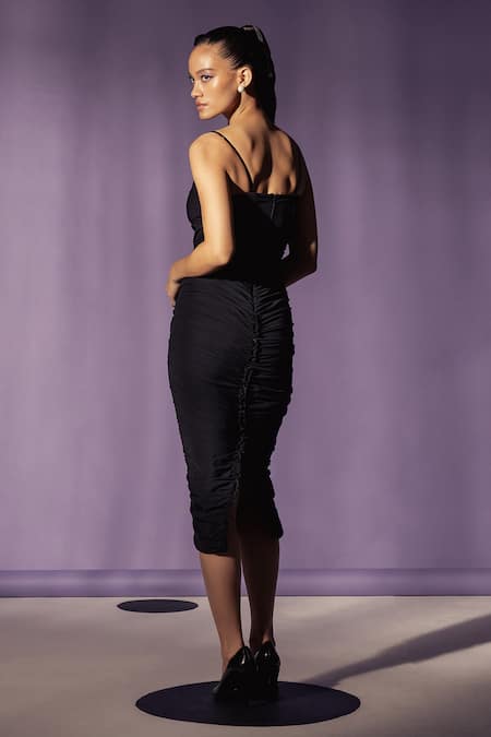 Shop_Sameer Madan_Black Lycra, Net, Leather Pearls Sweetheart Neck Leslie Ruched Dress _at_Aza_Fashions