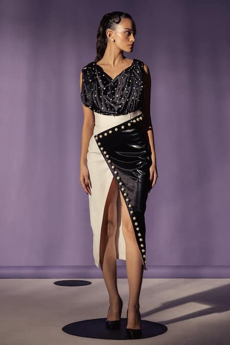 Sameer Madan Black Pearl Embroidered Cowl Neck Bodysuit 